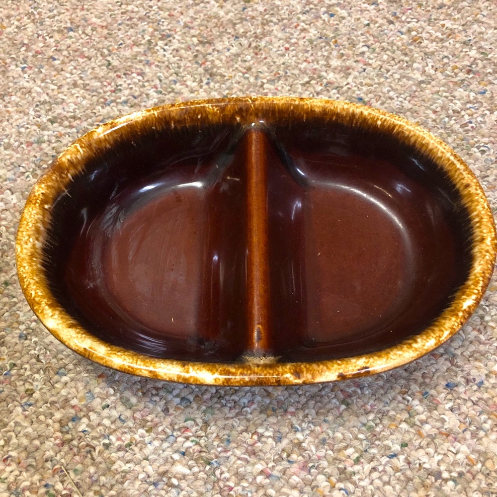 Hull Pottery Co. Brown stoneware divided oval serving dish 10”